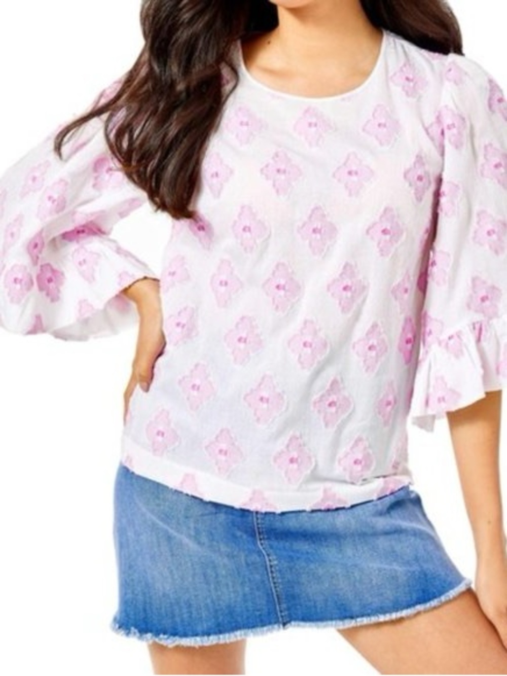 Lilly Pulitzer Light Pink Floral Eyelet Ruffle Sleeve Top